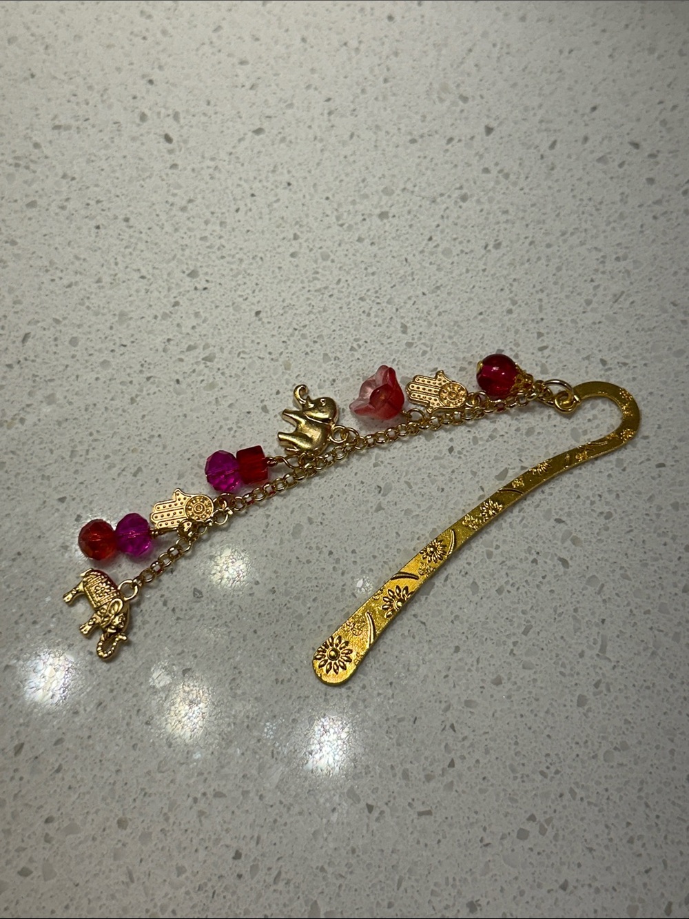 Gold Elephant Charm Bookmark with Red and Pink Beads - Picture 4 of 4